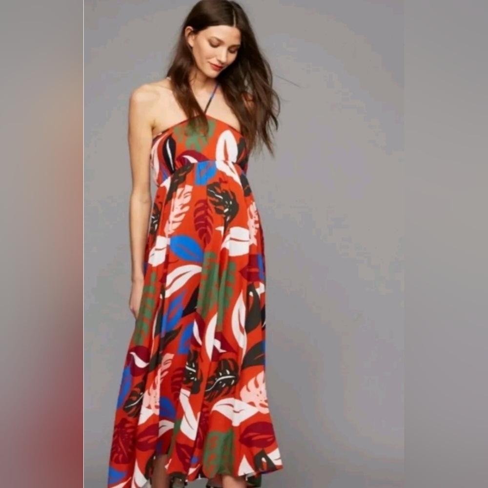 Rachel Pally Leaf Print Halter Maxi Dress Asymmetrical Hem Size Small